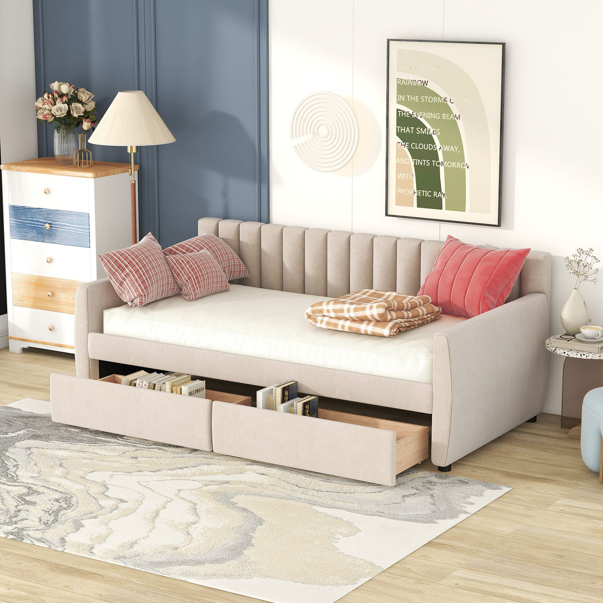 Twin Size Upholstered daybed with Drawers, Wood Slat Support, Beige - Grand Goldman Shop