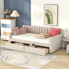 Twin Size Upholstered daybed with Drawers, Wood Slat Support, Beige - Grand Goldman Shop