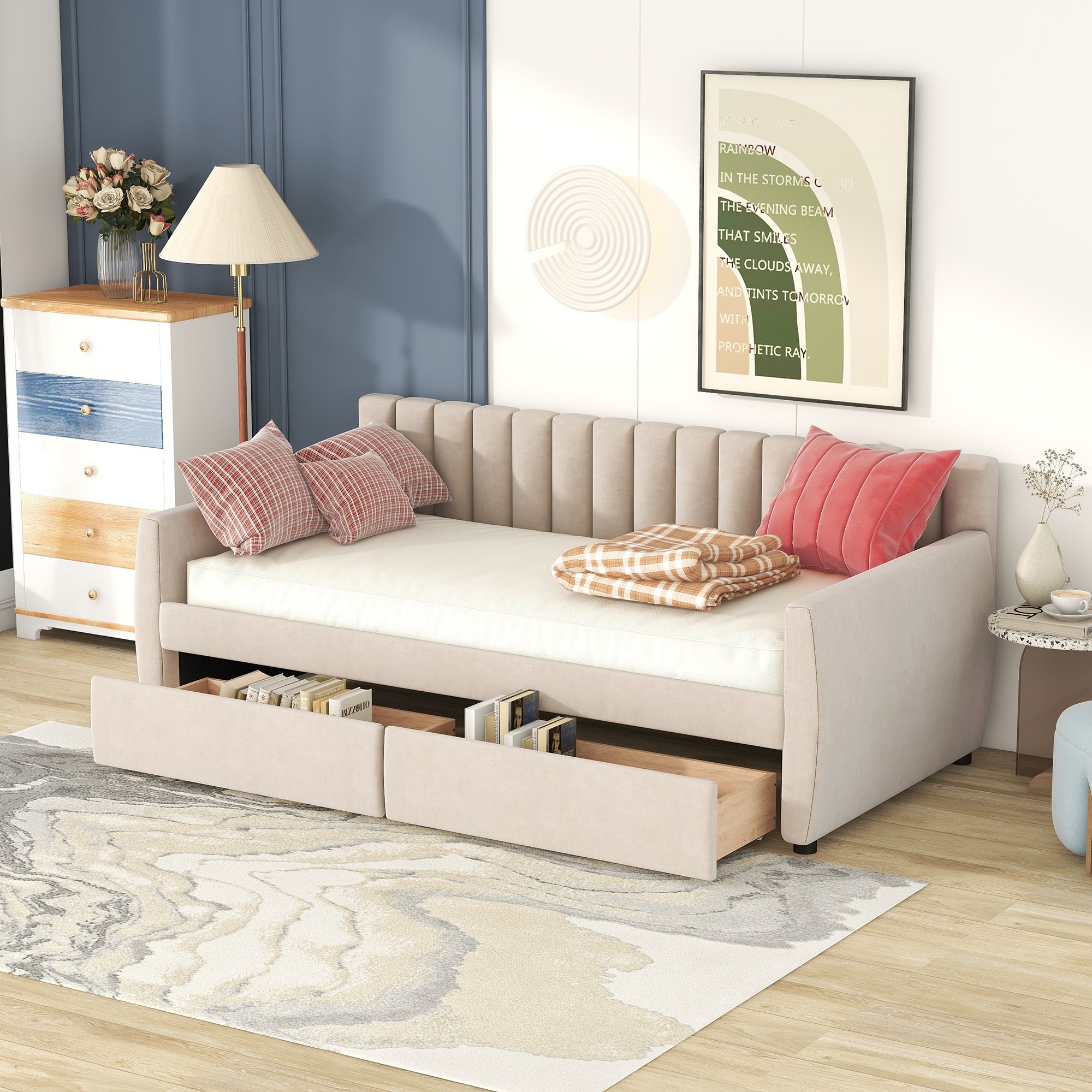 Twin Size Upholstered daybed with Drawers, Wood Slat Support, Beige - Grand Goldman Shop