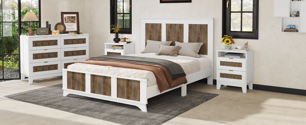 4-Pieces Bedroom Sets, Queen Size Farmhouse Platform Bed with Wooden Strip Stickers Decoration, Storage Nightstand and Dresser with Metal Handle, White(Old SKU: HL000191AAK) - Grand Goldman Shop