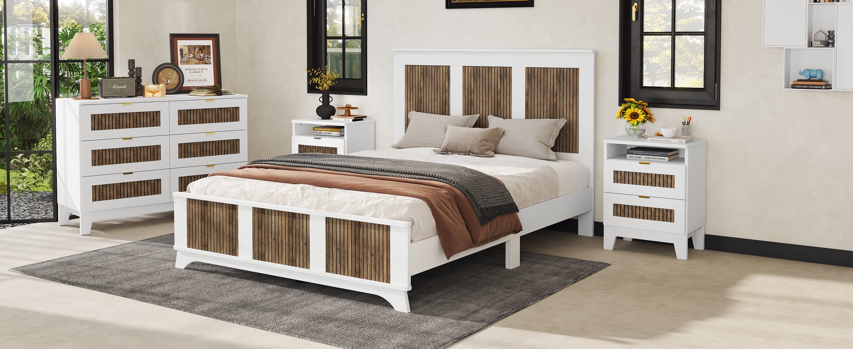 4-Pieces Bedroom Sets, Queen Size Farmhouse Platform Bed with Wooden Strip Stickers Decoration, Storage Nightstand and Dresser with Metal Handle, White(Old SKU: HL000191AAK) - Grand Goldman Shop