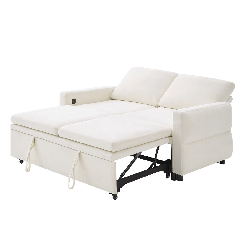 Convertible Sofa Bed 62.75' Loveseat with Adjustable Backrest and USB Ports in Beige Chenille Fabric - Grand Goldman Shop