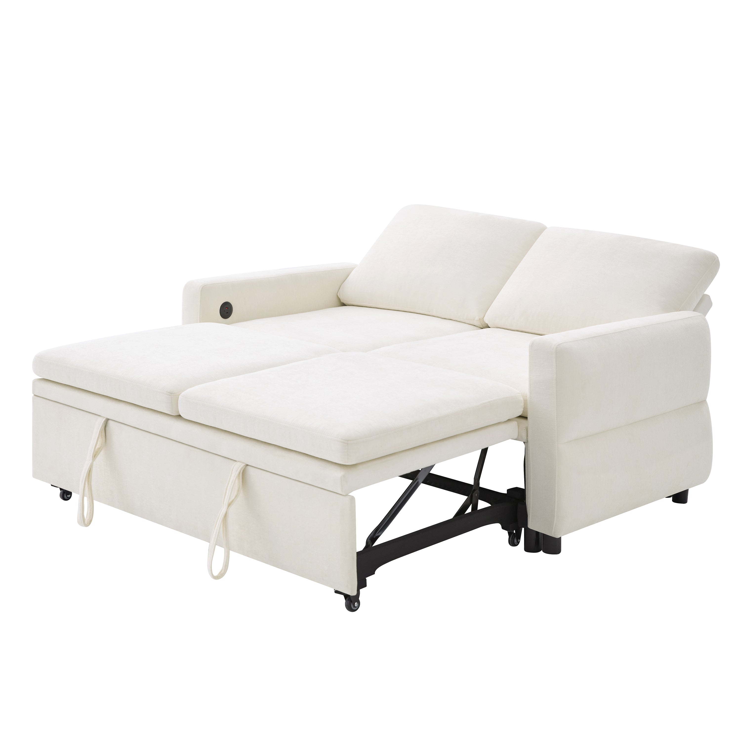 Convertible Sofa Bed 62.75' Loveseat with Adjustable Backrest and USB Ports in Beige Chenille Fabric - Grand Goldman Shop