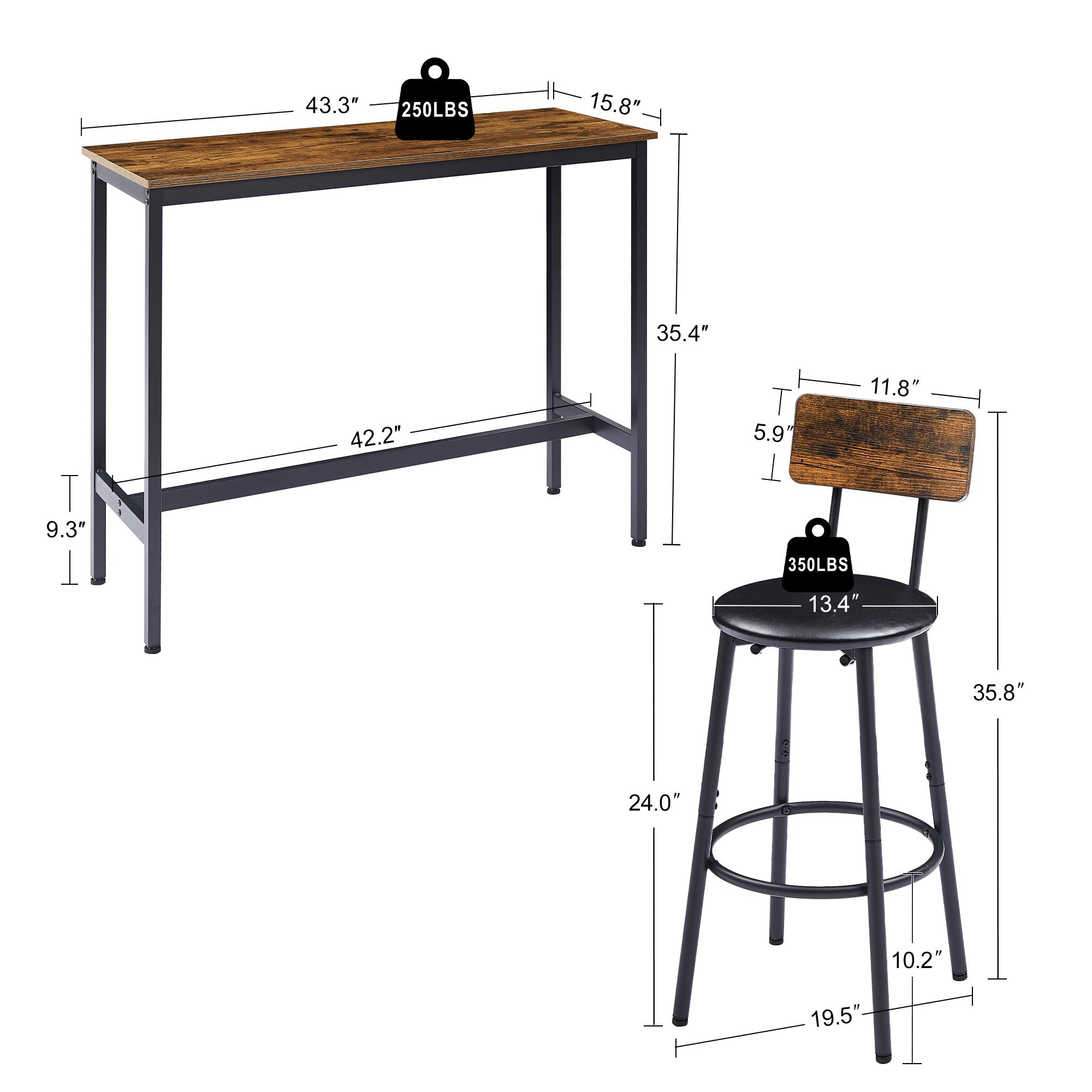 Bar Table Set with 2 Bar stools PU Soft seat with backrest, Rustic Brown, 43.31'' L x 15.75'' W x 35.43'' H. - Grand Goldman Shop